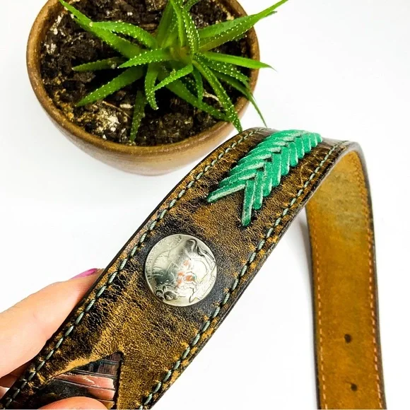 Vintage Richard Leather Belt Cutout Western Buffalo Brown Black - Picture 8 of 9